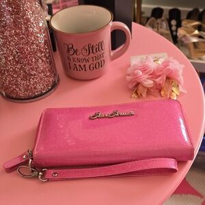 Star Struck Pink Glitter Patent Leather Wallet with Strap.